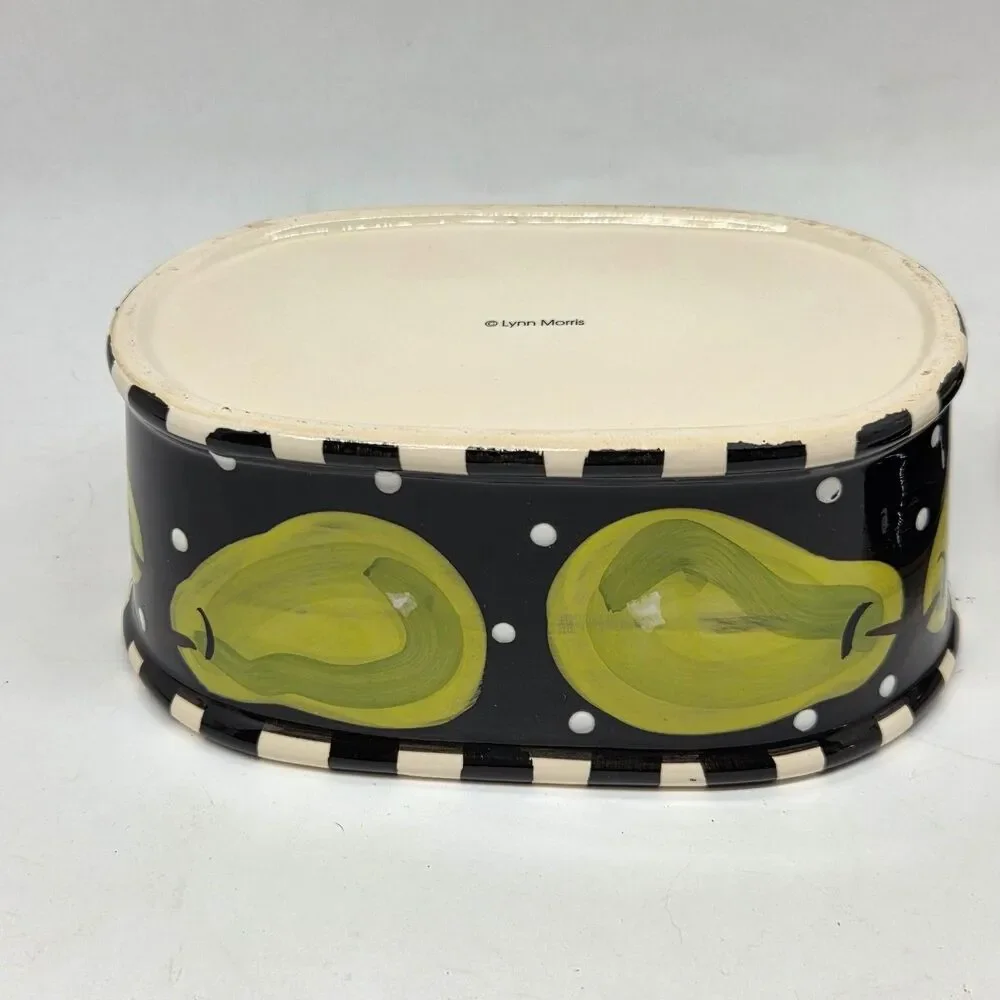 Lynn Morris Studio Pottery Black White Polka Dots Green Pear Covered Dish VGC